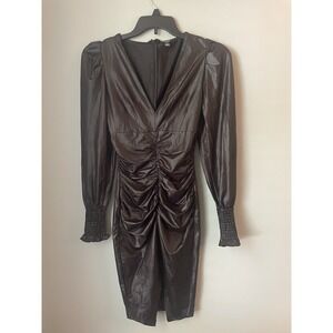 Privy Black Faux Leather Long Sleeve V Neck Mini Bodycon Dress Size S